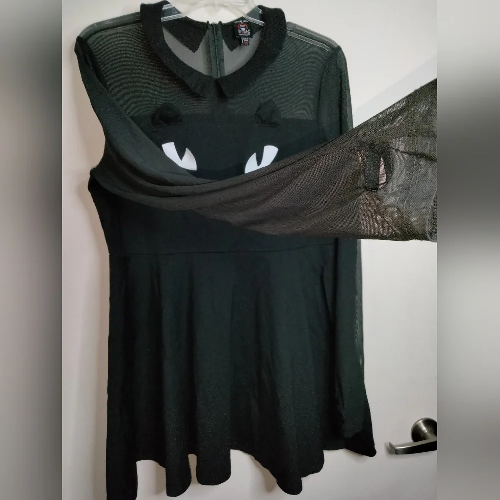Dolls Kill x Emily (Size 2X) Black Cat Face Sheer Thumbhole Cuff LS Mini Dress - Picture 6 of 16
